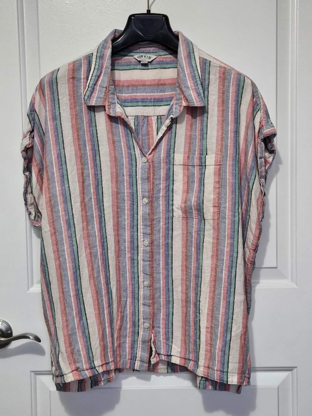 Orvis Classic Collection Plus XXL Linen Blend Pastel Striped Button Up Coastal